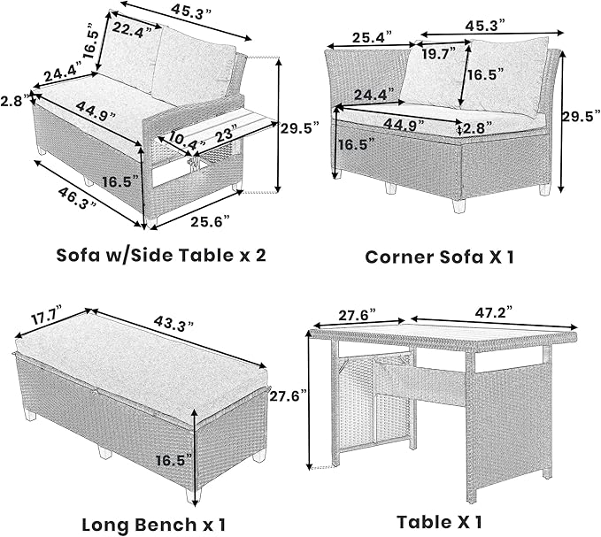 5-Piece Outdoor Patio Furniture Set with Dining Table&Bench, All-Weather PE Wicker Sofa w/2 Extendable SideTables&Cushions&Washable Covers, Rattan Conversation Couch for Backyard Yard, Gray - LeafyLoom