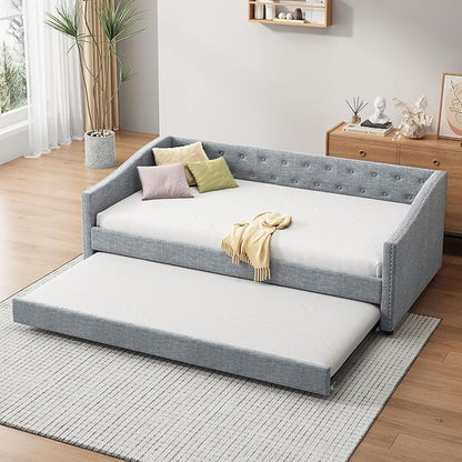 Twin Daybed Frame with Trundle,Upholstered Sofa Bed W/Button & Nailhead Tufted Design,Wood Slats Support,Saving Space,Linen Fabric Bedframe for Living Room Bedroom Apartment,Light Gray - LeafyLoom