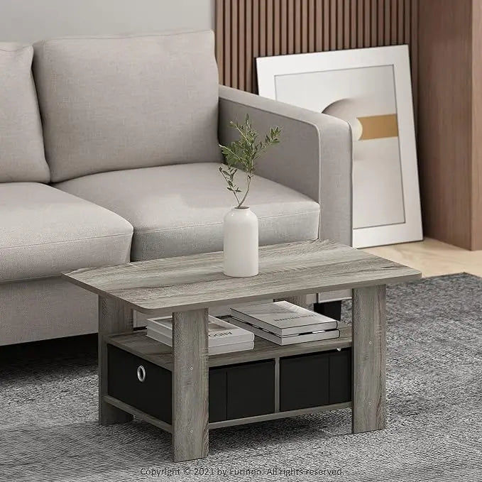 Furinno Andrey Coffee Table with Bin Drawer, French Oak Grey/Black - LeafyLoom