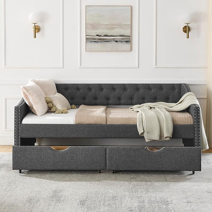 RITSU Twin Size Mid-Century Daybed, 2 Storage Drawers,Linen Button Upholstered Tufted Sofa Bed, Copper Nail on Waved Shape Arms, No Box Spring Needed,for Bedroom, Livingroom, Dark Grey, 81.50 - LeafyLoom