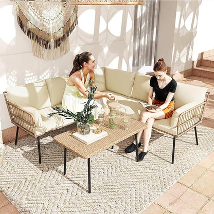 DWVO 4 Pieces Patio Furniture Set, Outdoor Rattan Woven Patio Conversation Set Sectional L-Shaped Sofa with 5 Seater for Backyard, Porch, Boho Detachable Lounger with Cushions and Side Table (Beige) - LeafyLoom