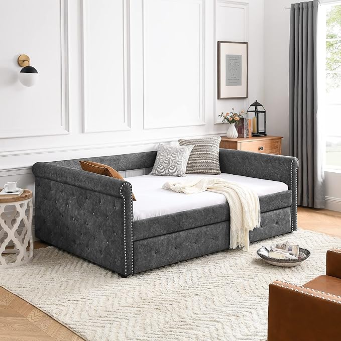 Upholstered Full Size Daybed with Trundle Bed Twin,Sofa Bedframe W/Button Tufted & Copper Nail on Round Arms,Wood Slats Support,No Spring Box Need,for Bedroom Livingroom Small Space,Grey - LeafyLoom