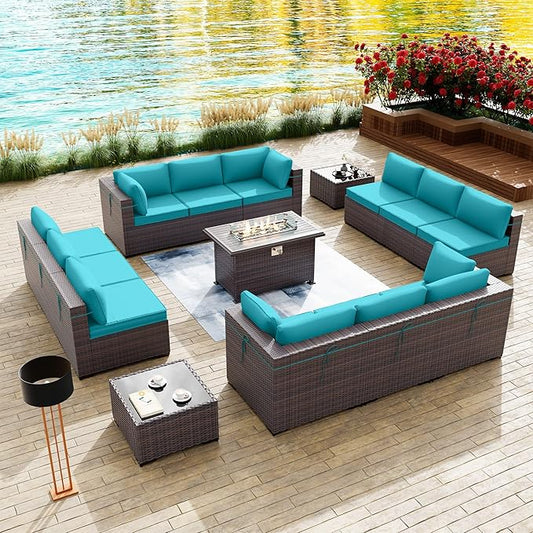 Kullavik 15 Pieces Outdoor Patio Furniture Set with 43" Gas Propane Fire Pit Table PE Wicker Rattan Sectional Sofa Patio Conversation Sets,Blue Cushions - LeafyLoom