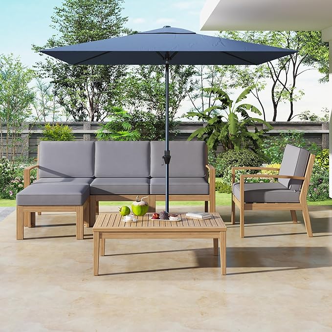 4 Piece Acacia Wood Patio Furniture L-Shaped Outdoor Sectional Sofa Coffee Table, FSC Certified Conversation Set w/Beige Cushions for Garden Backyard - LeafyLoom