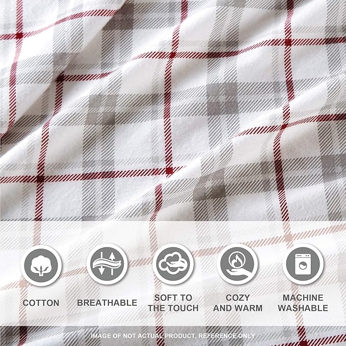 Comfort Spaces Cotton Flannel Breathable Warm Deep Pocket Sheets with Pillow Case Bedding, Cal King, Grey/Red Plaid 4 Piece - LeafyLoom