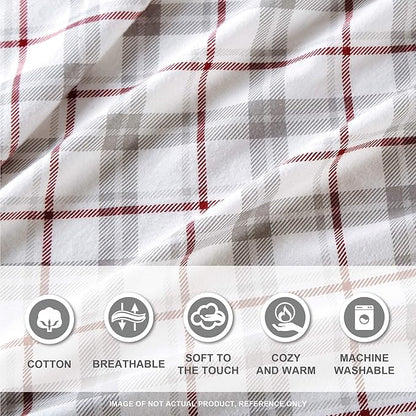 Comfort Spaces Cotton Flannel Breathable Warm Deep Pocket Sheets with Pillow Case Bedding, Cal King, Grey/Red Plaid 4 Piece - LeafyLoom