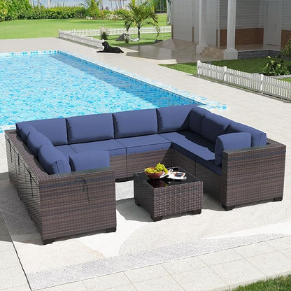 Kullavik 9PCS Outdoor Patio Furniture Set PE Wicker Rattan Sectional Sofa Patio Conversation Sets,Navy blue - LeafyLoom