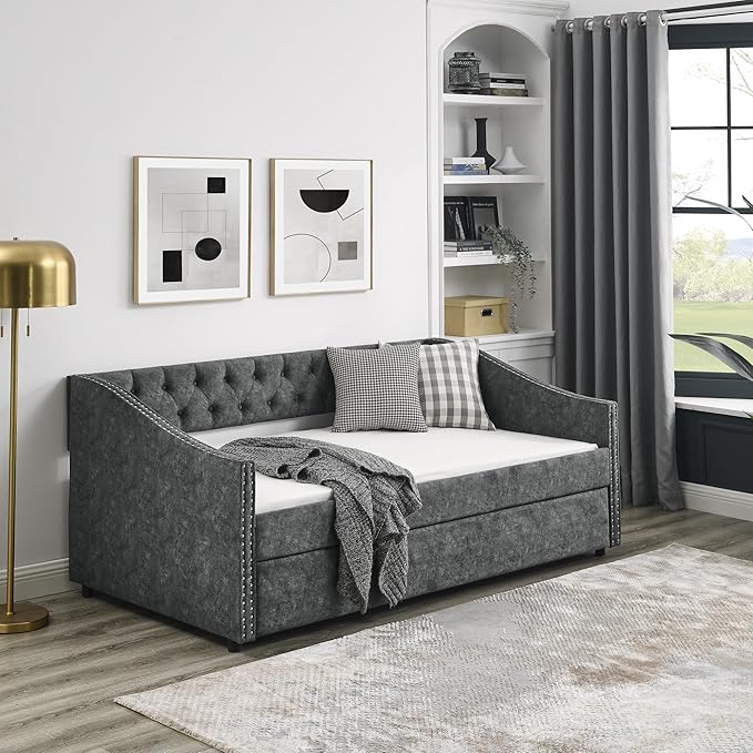 Twin Size Upholstered Daybed with Trundle, Wooden Sofa Bed w/Button Tufted Backrest and Waved Shape Arms, Space-Saving Design, No Box Spring Needed, for Living Room, Bedroom, Dorm, Grey - LeafyLoom