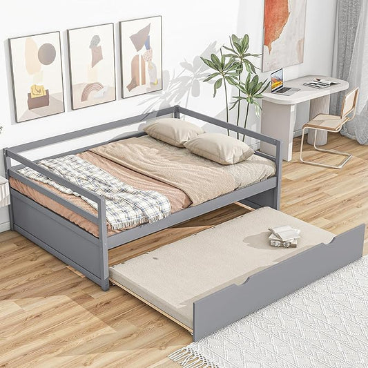 Twin Size Daybed with 2 Trundle,Multifunction Solid Wood Bed Frame,W/Wooden Slat Support,No Box Spring Needed,for Bedroom Apartment,Guest room,Gray - LeafyLoom