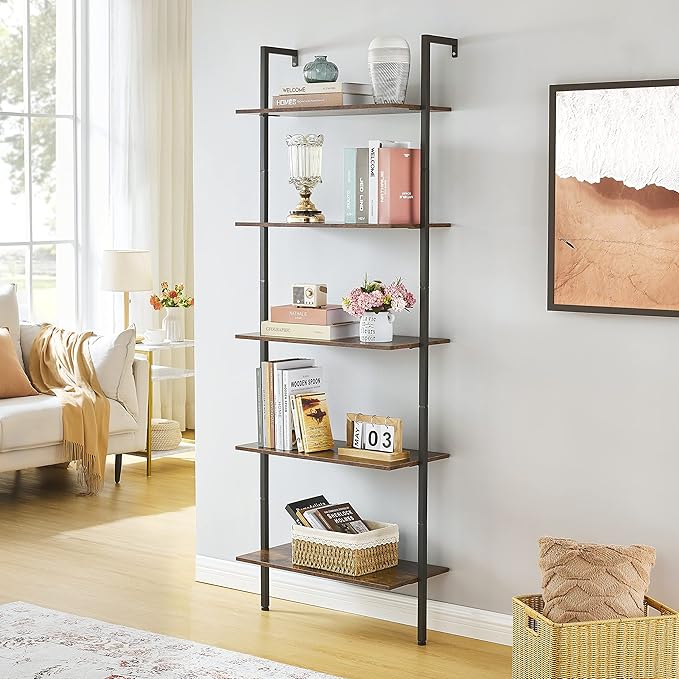 Tajsoon Large Bookcase, Industrial Ladder Shelf, 5 Tier Wood Wall Mounted with Metal Frame, Open Display Storage Shelves for Home, Office, Collection, Plant Flower, Rustic Brown & Black, 25.2''W - LeafyLoom