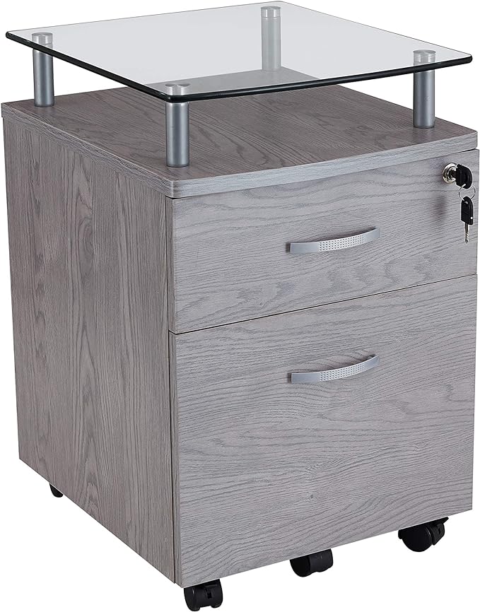 Techni Mobili Functional Storage L-Shaped Computer Desk, Grey & Rollingg File Cabinet, Regular, gray - LeafyLoom