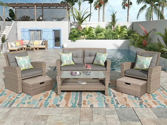 4-Piece Rattan Patio Furniture Sets, All Weather Outdoor Sectional Sofa Loveseat with Ottoman,Soft Cushions&Glass Table w/Shelf, Wicker Conversation Couch for Garden Backyard, Onesize, Gray - LeafyLoom