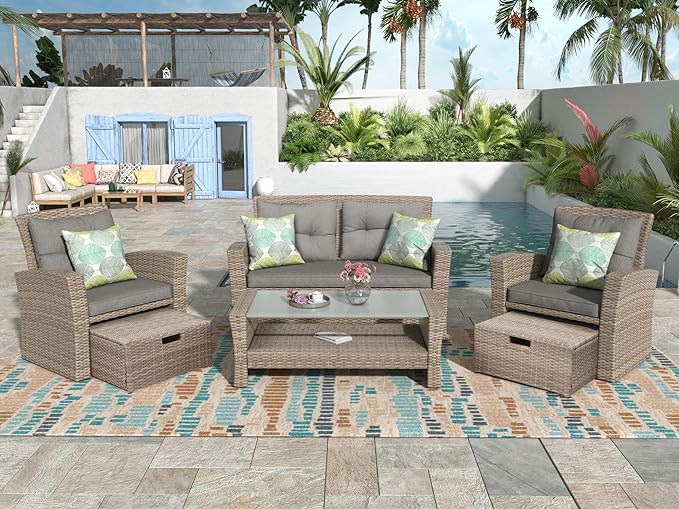 4-Piece Outdoor Patio Furniture Sets, All Weather Wicker Sectional Sofa Loveseat with Ottoman, Soft Cushions&Glass Table w/Shelf, Conversation Couch for Garden Backyard Poolside Deck, Gray - LeafyLoom