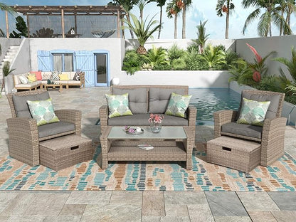 4-Piece Outdoor Patio Furniture Sets, All Weather Wicker Sectional Sofa Loveseat with Ottoman, Soft Cushions&Glass Table w/Shelf, Conversation Couch for Garden Backyard Poolside Deck, Gray - LeafyLoom