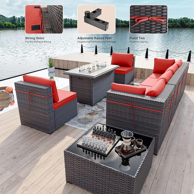 Kullavik 8 Pieces Outdoor Patio Furniture Set with 43" 55000BTU Gas Propane Fire Pit Table PE Wicker Rattan Sectional Sofa Patio Conversation Sets,Red - LeafyLoom