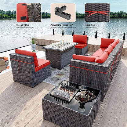 Kullavik 8 Pieces Outdoor Patio Furniture Set with 43" 55000BTU Gas Propane Fire Pit Table PE Wicker Rattan Sectional Sofa Patio Conversation Sets,Red - LeafyLoom