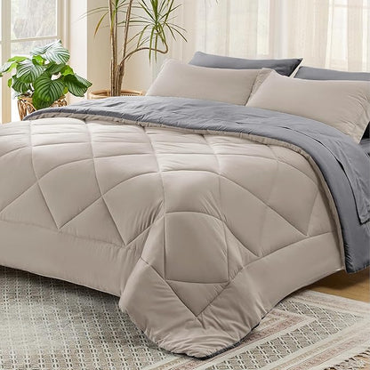 Bedsure Beige Comforter Set - 7 Pieces Reversible Bed in a Bag with Comforters, Sheets, Pillowcases & Shams, Bedding Sets - LeafyLoom