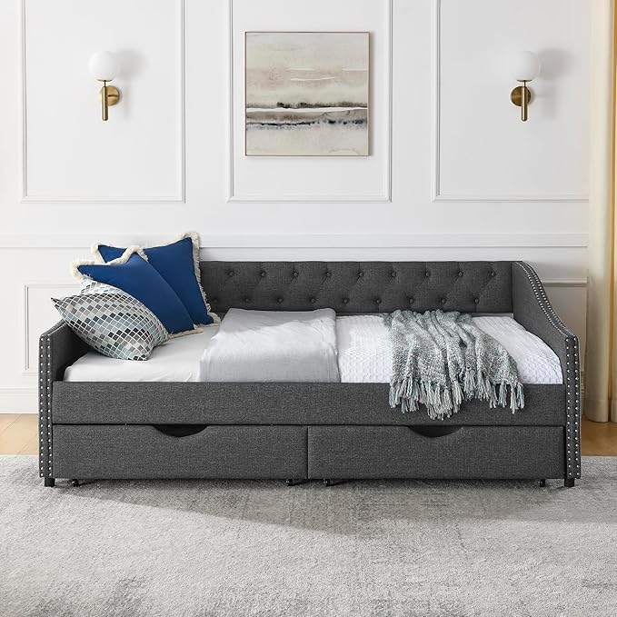 RITSU Full Size Mid-Century Daybed, 2 Storage Drawers,Linen Button Upholstered Tufted Sofa Bed, Copper Nail on Waved Shape Arms, No Box Spring Needed,for Bedroom, Livingroom, 80.50, Dark Grey-2 - LeafyLoom