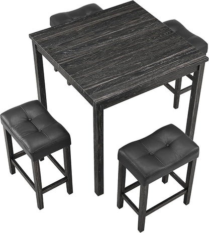 5 Piece Industrial Bistro Dining Set, Square Breakfast Table + 4 Upholstered Stools, for Living, Small Apartment, Kitchen, Farmhouse, Game Room, Black - LeafyLoom