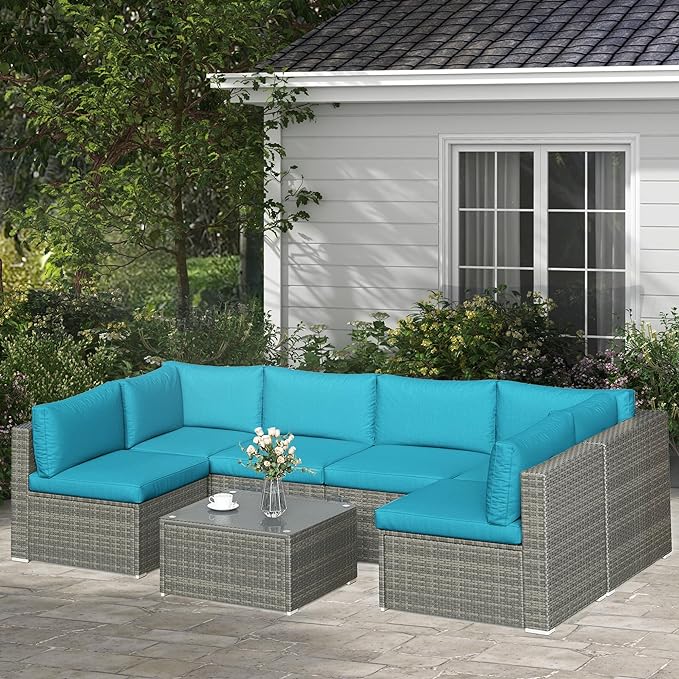 SUNVIVI OUTDOOR 7 Piece Patio Furniture Sets All Weather Grey PE Wicker Couch Sofa with Glass Table, Removable Blue Cushions - LeafyLoom