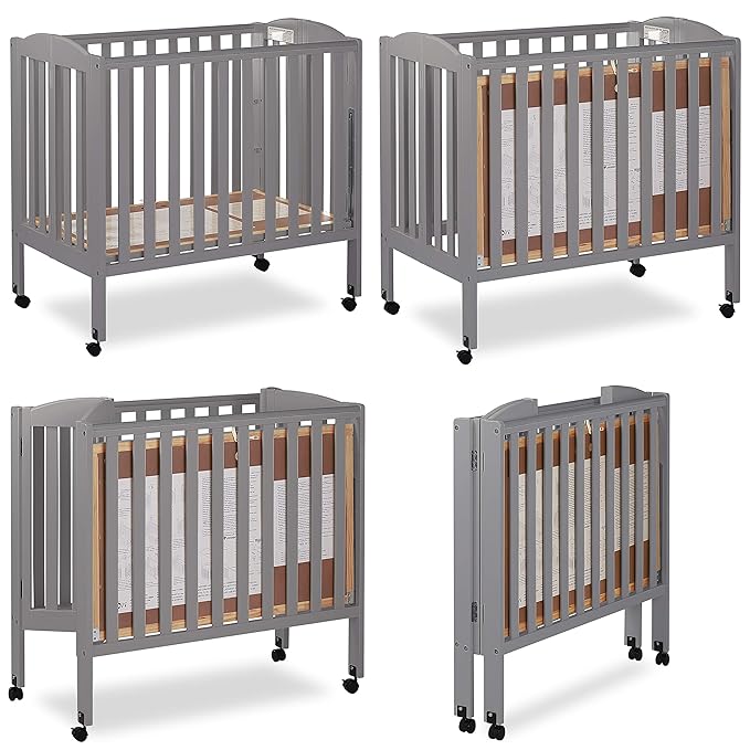 3 in 1 Portable Folding Stationary Side Crib in Steel Grey, Greenguard Gold Certified, Safety Wheels with Locking Casters, Convertible, 3 Mattress Heights - LeafyLoom