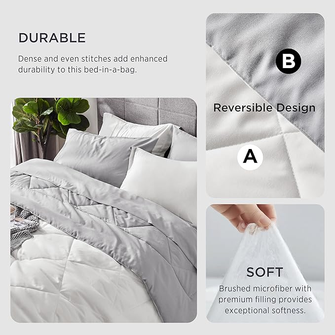 Bedsure Ivory Full Size Comforter Set - 7 Pieces Reversible Full Bed in a Bag, Full Bed Set Ivory and Grey with Comforters, Sheets, Pillowcases & Shams - LeafyLoom