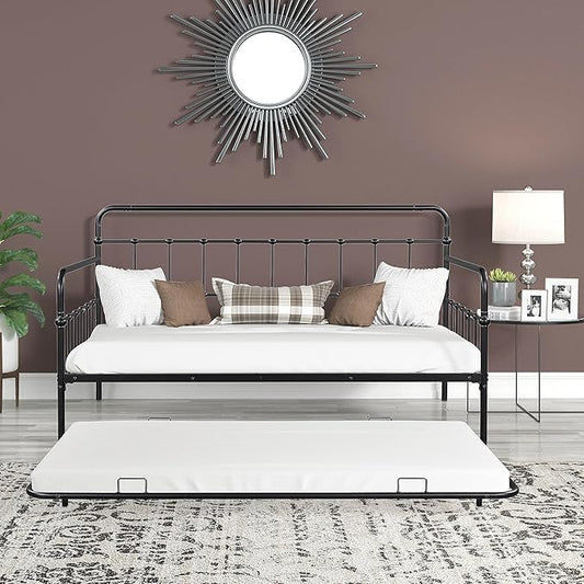 Twin Size Bed W/Slats,Metal Frame Daybed with Trundle and Anti-Noise Design,Space-Saving & Easy to Install,for Living Room Bedroom Apartment,Black - LeafyLoom