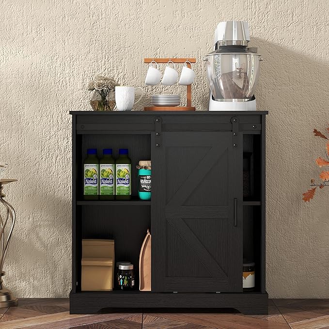 Panana Sliding Barn Door Buffet Sideboard Storage Cabinet Coffee Bar Kitchen Farmhouse Style (Black) - LeafyLoom