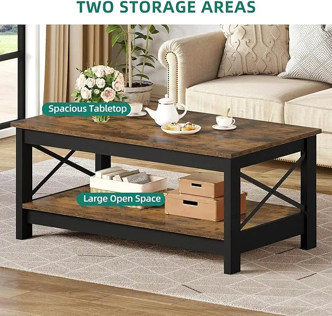 YITAHOME Coffee Table for Living Room,Modern Farmhouse Coffee Table with Storage,2-Tier Center Table for Living Room Wood Living Room Table Accent Cocktail with Sturdy Frame,Rustic Brown - LeafyLoom