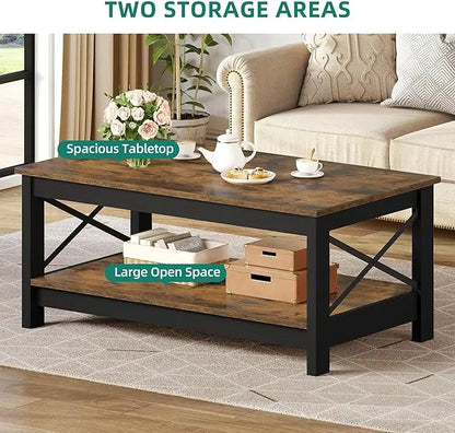 YITAHOME Coffee Table for Living Room,Modern Farmhouse Coffee Table with Storage,2-Tier Center Table for Living Room Wood Living Room Table Accent Cocktail with Sturdy Frame,Rustic Brown - LeafyLoom