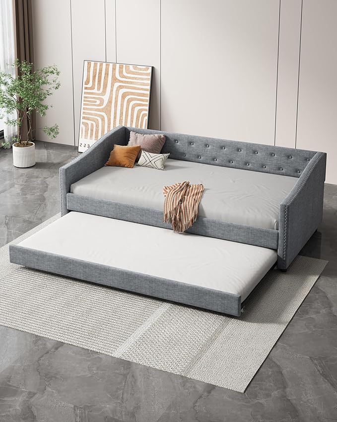 Twin Size Daybed with Trundle, Upholstered Tufted Sofa Bed with Button on Back and Piping on Waved Shape Arms for Bedroom, Apartment, Living Room, Wooden Slats Support, Light Grey - LeafyLoom