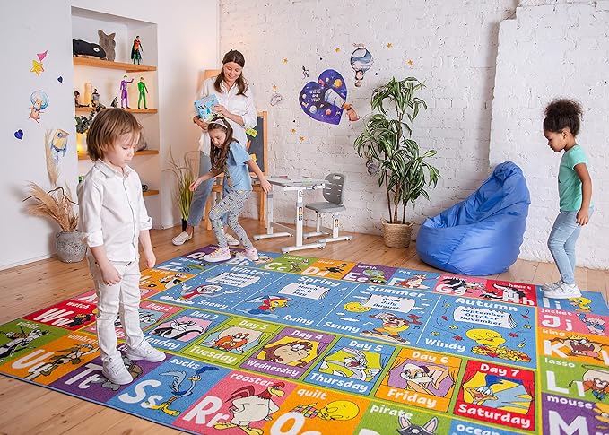 KC Cubs | Looney Tunes ABC Alphabet, Seasons, Months and Days of The Week Educational Learning & Game Play Area Non Slip Boy & Girl Kids Rug Carpet for Children Bedroom, Toddler Classroom & Baby Mat - LeafyLoom