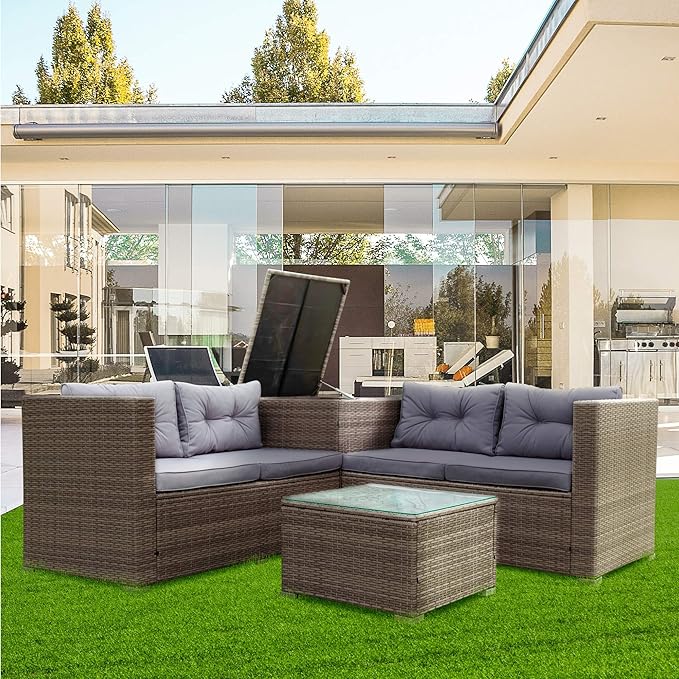 4-Piece Patio Furniture Outdoor Sofa Set, Wicker Sectional Loveseat Couch with Large Storage Box and Glass Table, for Garden Backyard Porch, 1, Gray - LeafyLoom