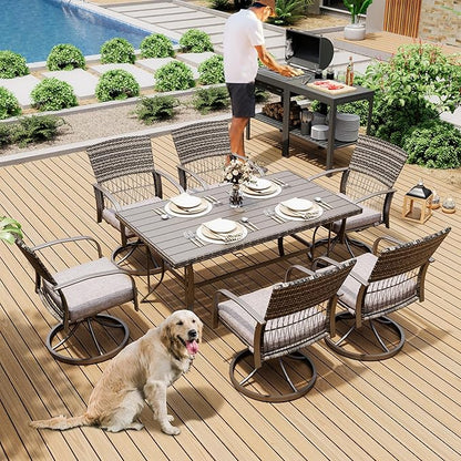 Pamapic 7 Piece Patio Dining Set for 6,Wicker Outdoor Furniture Set for Backyard Garden Deck Poolside with Iron Slats Table Top,6 Cushions Swivel Rocker Chairs,Removable Cushions(Gray) - LeafyLoom