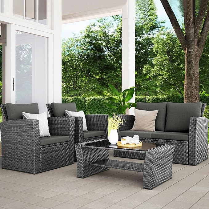 Wisteria Lane 4 Piece Outdoor Patio Furniture Sets, Wicker Conversation Set for Porch Deck, Grey Rattan Sofa Chair with Cushion （Dark Grey - LeafyLoom