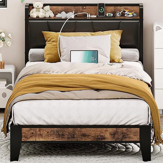 LIKIMIO Twin Bed Frame, Storage Headboard with Charging Station, Solid and Stable, Noise Free, No Box Spring Needed, Easy Assembly (Vintage and Black) - LeafyLoom