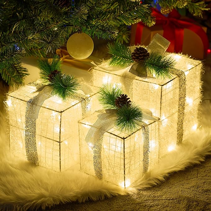 Joiedomi Christmas Lighted Gift Boxes, Christmas Decorations Set of 3, Light up Present Boxes, 60 LED Warm White Lights for Indoor Holiday Décor, Christmas Eve Night Décor Joiedomi