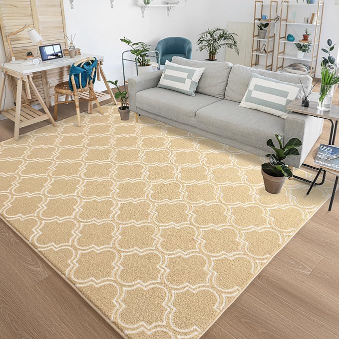 Chicrug Shag Geometric Modern Area Rug for Living Room, 4x6 Feet Large Memory Foam Indoor Carpet, Fluffy Rug for Bedroom Bedside Room Decor for Family Girls Kids Nursery, Beige/White - LeafyLoom