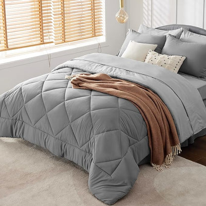 Bedsure Twin Comforter Set - 5 Pieces Reversible Twin Bed Set, Grey Extra Long Twin Bed in a Bag with Comforters, Sheets, Pillowcase & Sham, Bedding Set Twin for College - LeafyLoom