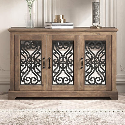 Galano Calidia 3 Door Sideboard, Kitchen Storage Sideboard Buffet Cabinet Console with Acrylic Mirror Doors & Adjustable Shelves, 15.67" D x 45.71" W x 29.29" H, Knotty Oak - LeafyLoom