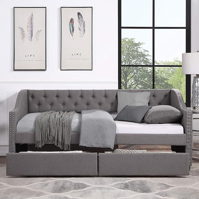 Twin Size Upholstered Linen Fabric Daybed with Two Drawers,Wooden Storage Bed Frame,W/Diamond-Tufted Backrest & 2 Armrests,Wood Slat Support,for Living Room Bedroom,Gray - LeafyLoom