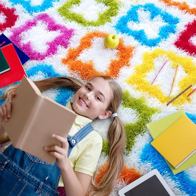 Tepook Fluffy Colorful Rug for Kids, Shaggy Soft Rainbow Area Rugs for Girls Bedroom, Indoor Modern Geometric Moroccan Rugs Plush Girls Kids Rug for Playroom Teens Room Nursery Home Decor, 3 X 5 ft - LeafyLoom