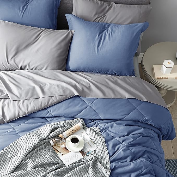 Bedsure Infinity Blue Queen Comforter Set - 7 Pieces Reversible Queen Bed in a Bag, Queen Bed Set Infinity Blue and Grey with Comforters, Sheets, Pillowcases & Shams - LeafyLoom