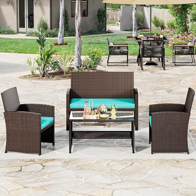 YITAHOME Patio Furniture Wicker Outdoor Bistro Set, 4-Piece All Weather Rattan Conversation Loveseat for Backyard, Balcony and Deck w/Soft Cushions and Metal Coffee Table (Brown+Blue) - LeafyLoom