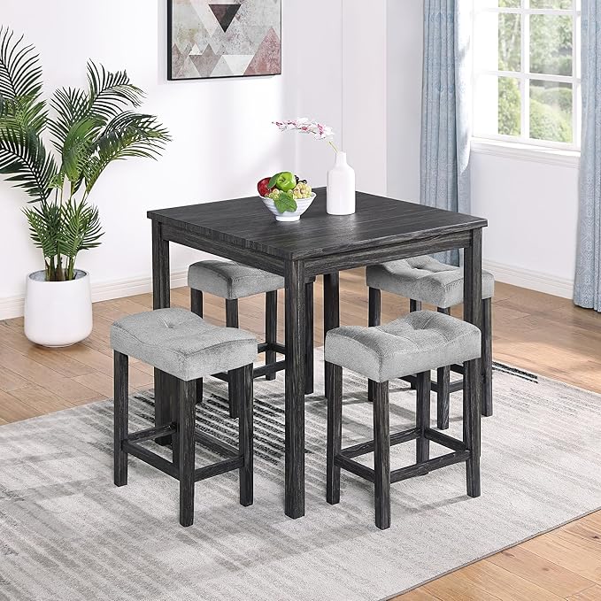 5 Piece Square, Bar Chairs Set, Bistro Industrial Breakfast Table + 4 Upholstered Stools, for Living, Small Apartment, Dining, Game Room, Black+Gray - LeafyLoom