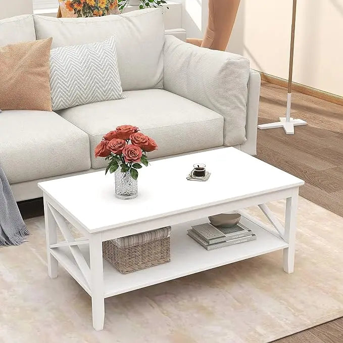 ChooChoo White Coffee Table Classic X Design for Living Room, Rectangular Modern Cocktail Table with Storage Shelf, 39 Inch - LeafyLoom