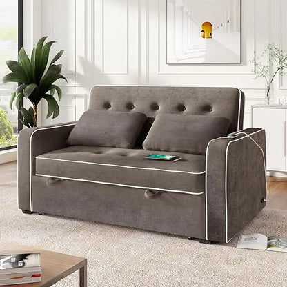 3 in 1 Multi-Functional Pull Out Sofa Bed , Linen Upholstered Convertible Sleeper Loveseat Couch Guest Daybed with Adjustable Backrest and Dual USB Charging Port for Living Room Office RV Furniture - LeafyLoom