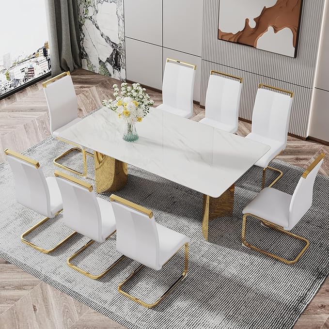 NicBex Modern Minimalist Dining Table The White Imitation Marble Glass Desktop is Equipped with Golden Metal Legs Suitable for Restaurants and Living Rooms, White - LeafyLoom