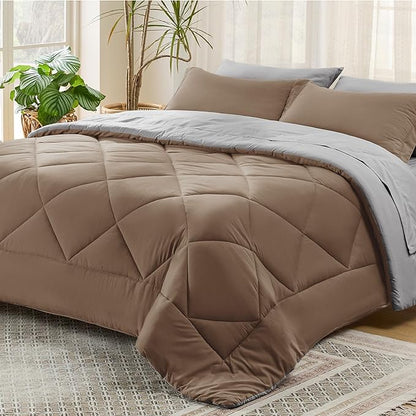 Bedsure Brown Full Size Comforter Set - 7 Pieces Reversible Full Bed in a Bag, Full Bed Set Brown and Grey with Comforters, Sheets, Pillowcases & Shams - LeafyLoom