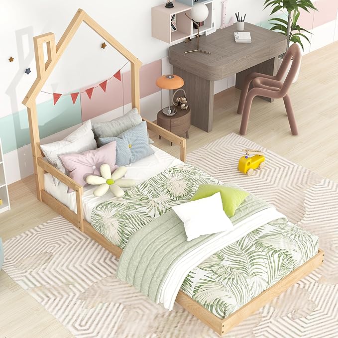 Bellemave Twin Size House-Shaped Headboard Floor Bed for Kids,Montessori Floor Bed with Handrails and Slats,Wood House Bed Twin for Girls,Boys(Twin,Natural) - LeafyLoom